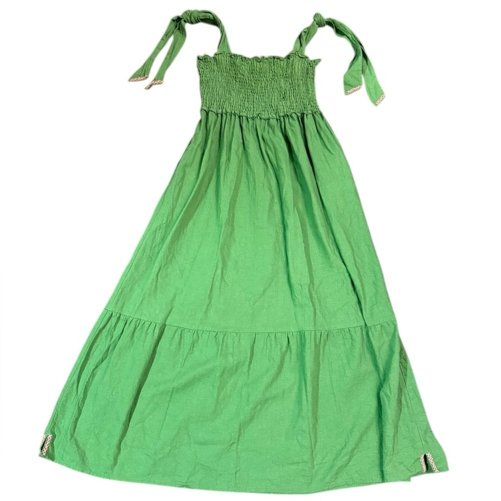 Caryn Lawn Tie Strap Linen Blend GreenMaxi Dress With Pink Detail One Size